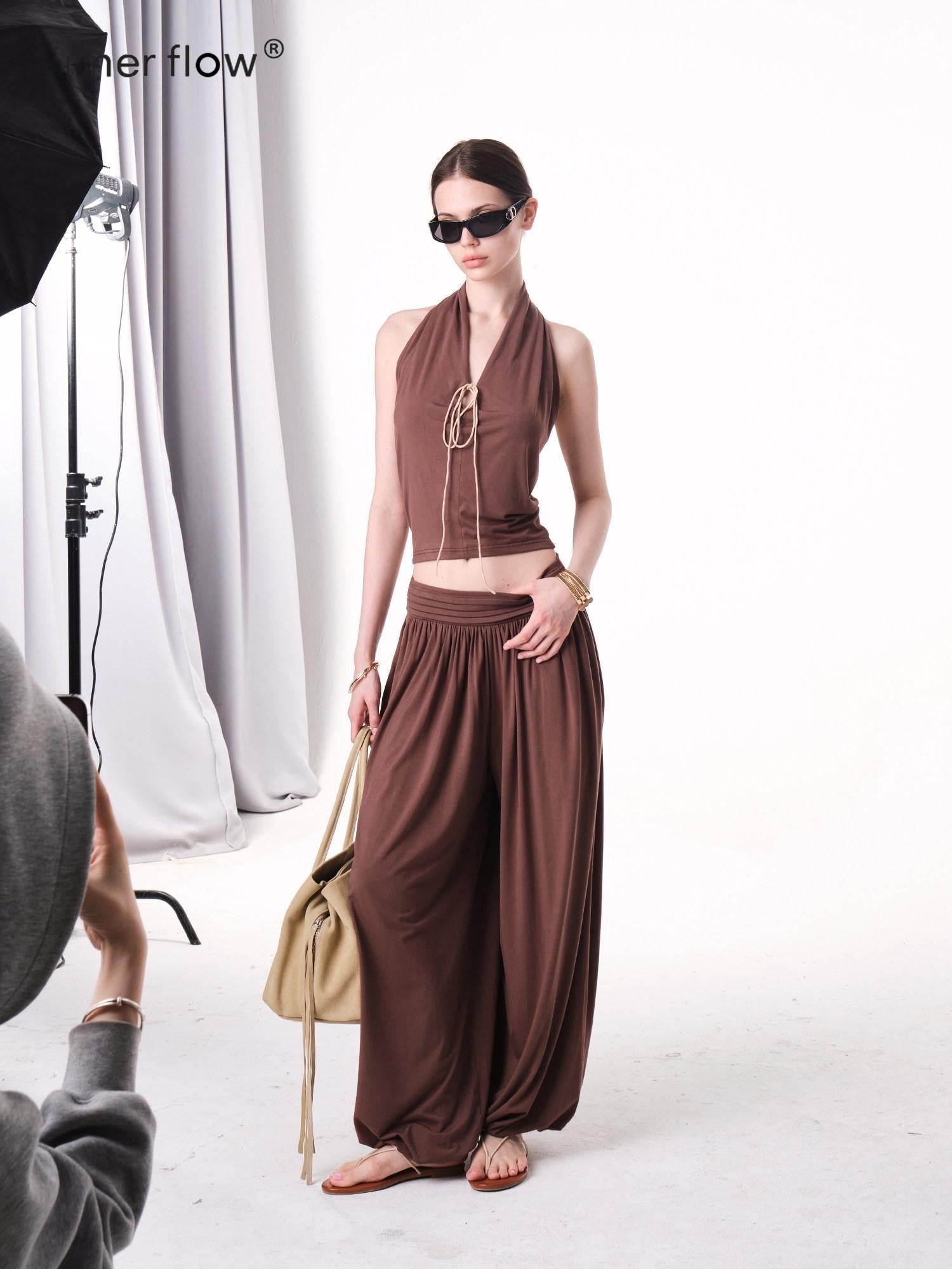 innerflow Colorblock Lace Halter Wide Leg Women&