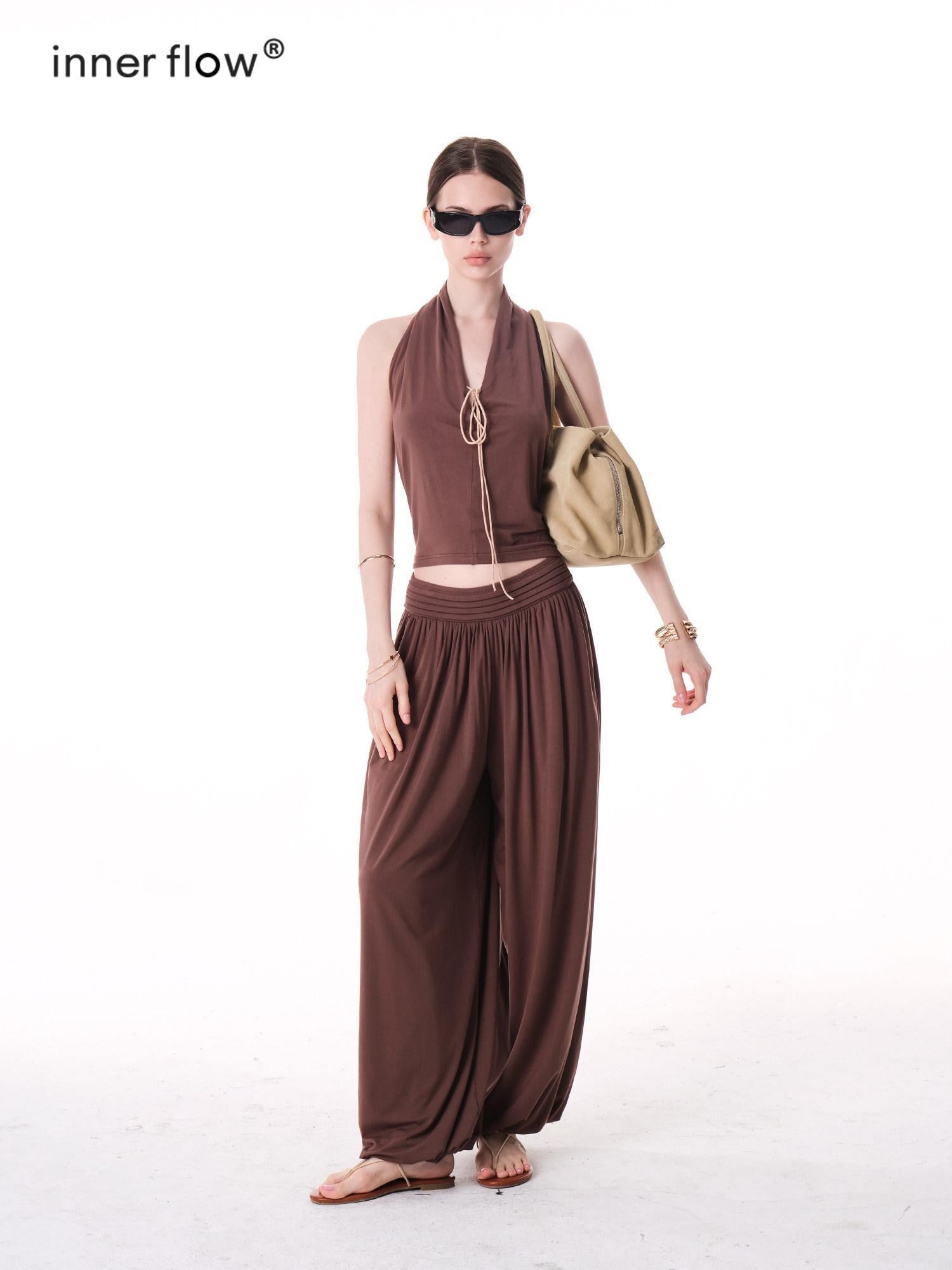innerflow Colorblock Lace Halter Wide Leg Women&