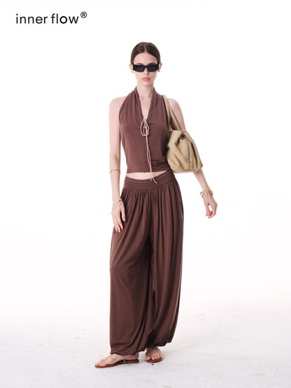 innerflow Colorblock Lace Halter Wide Leg Women&
