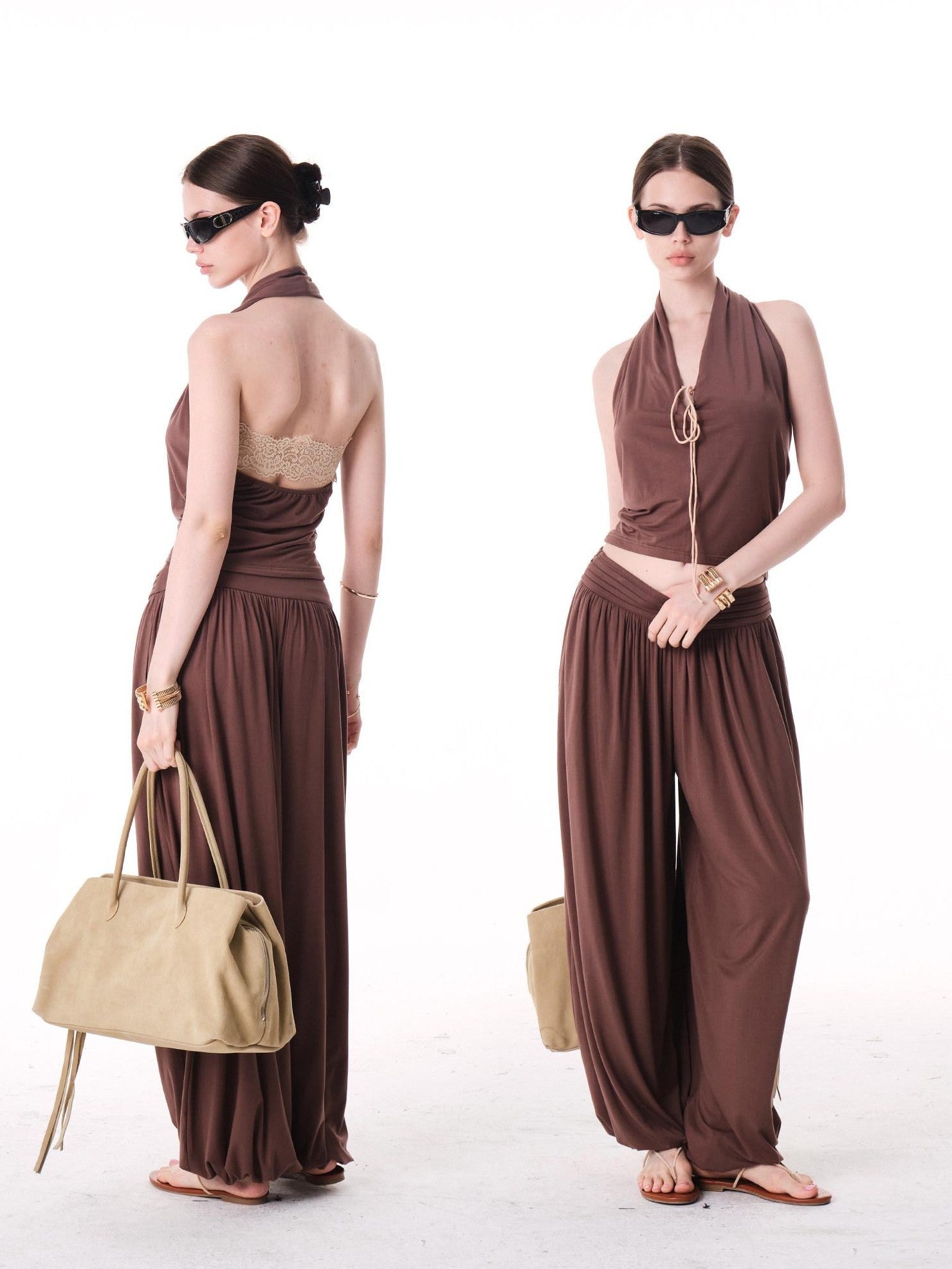 innerflow Colorblock Lace Halter Wide Leg Women&