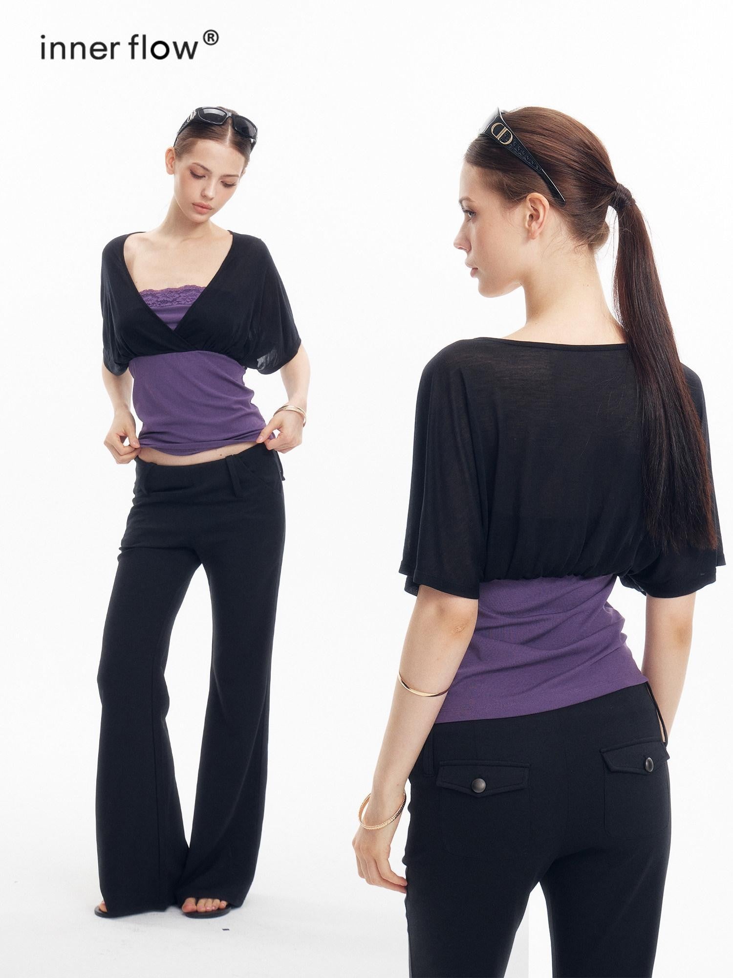 innerflow Colorblock Lace Layered V-neck Women&