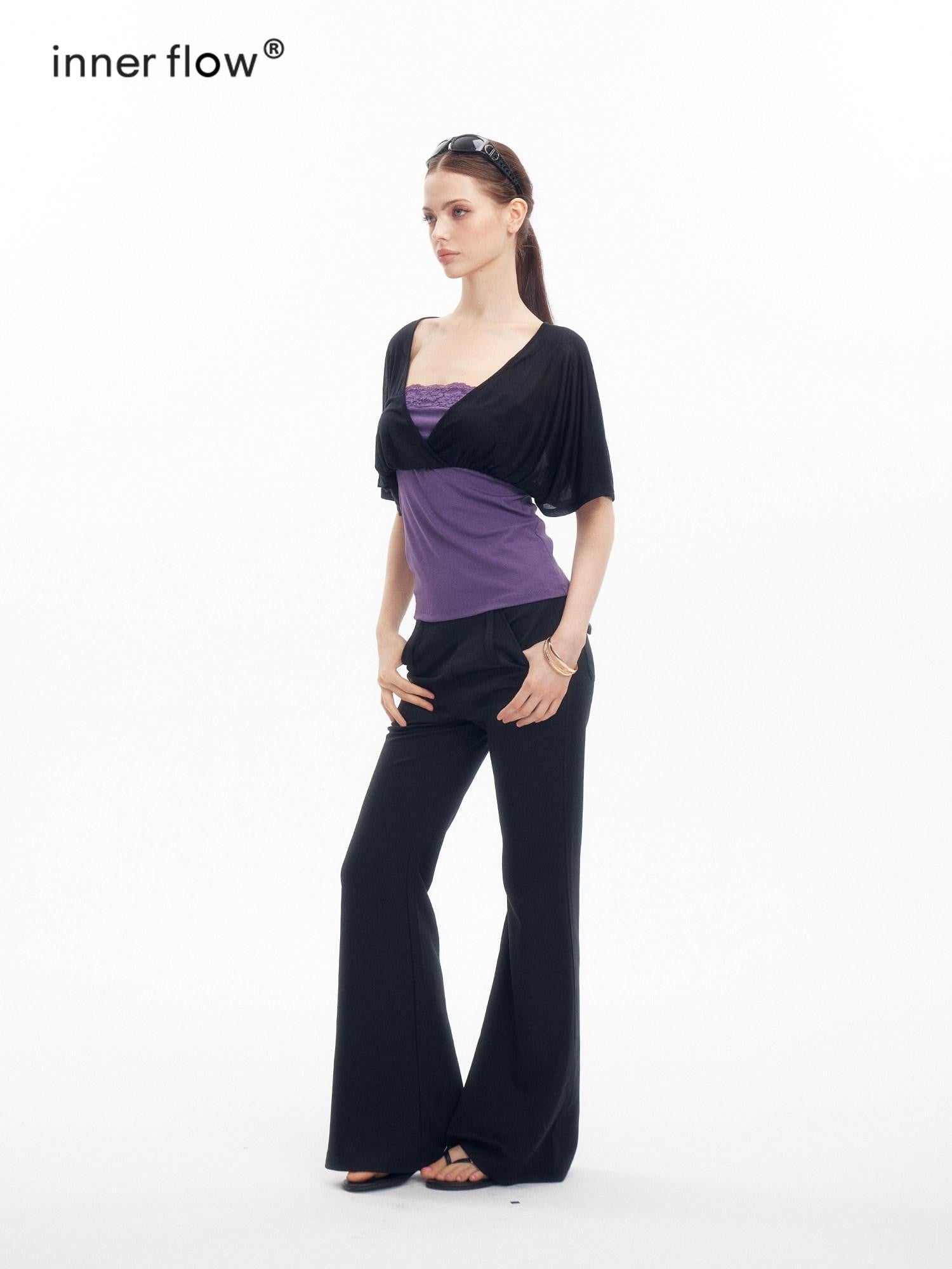 innerflow Colorblock Lace Layered V-neck Women&