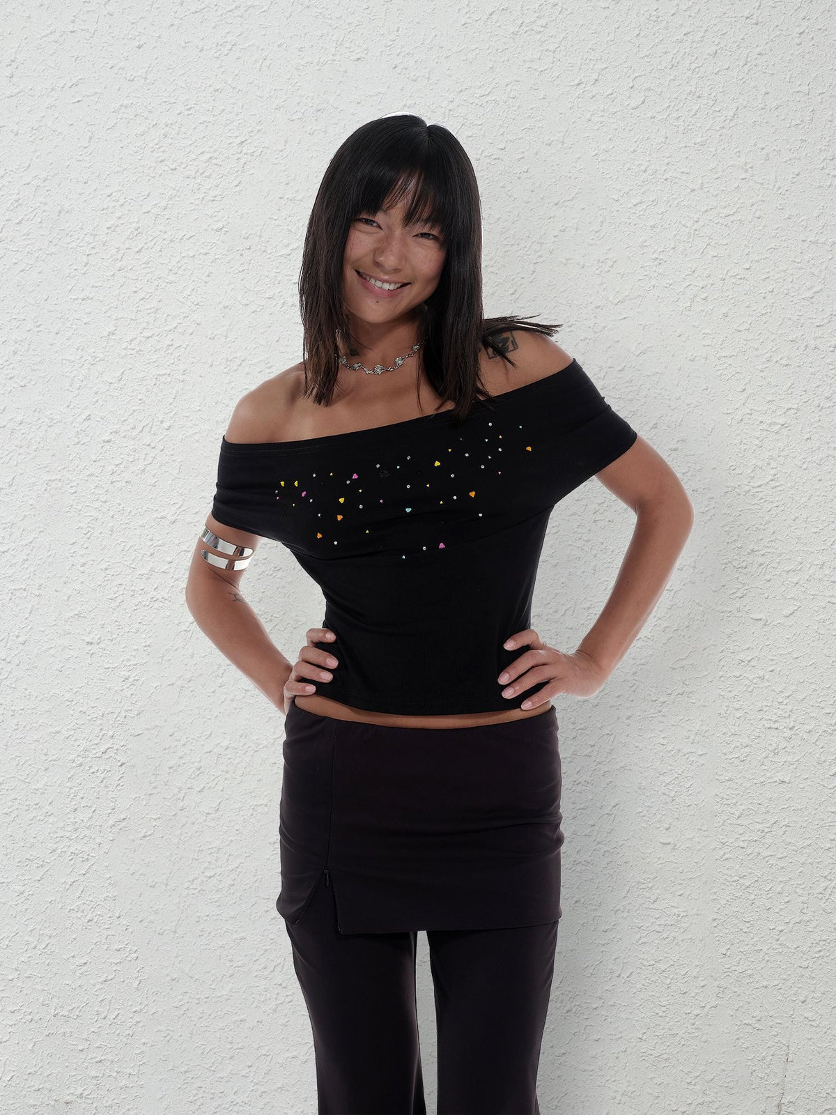 innerflow Cropped Convertible Halter One Shoulder Rhinestone Women&