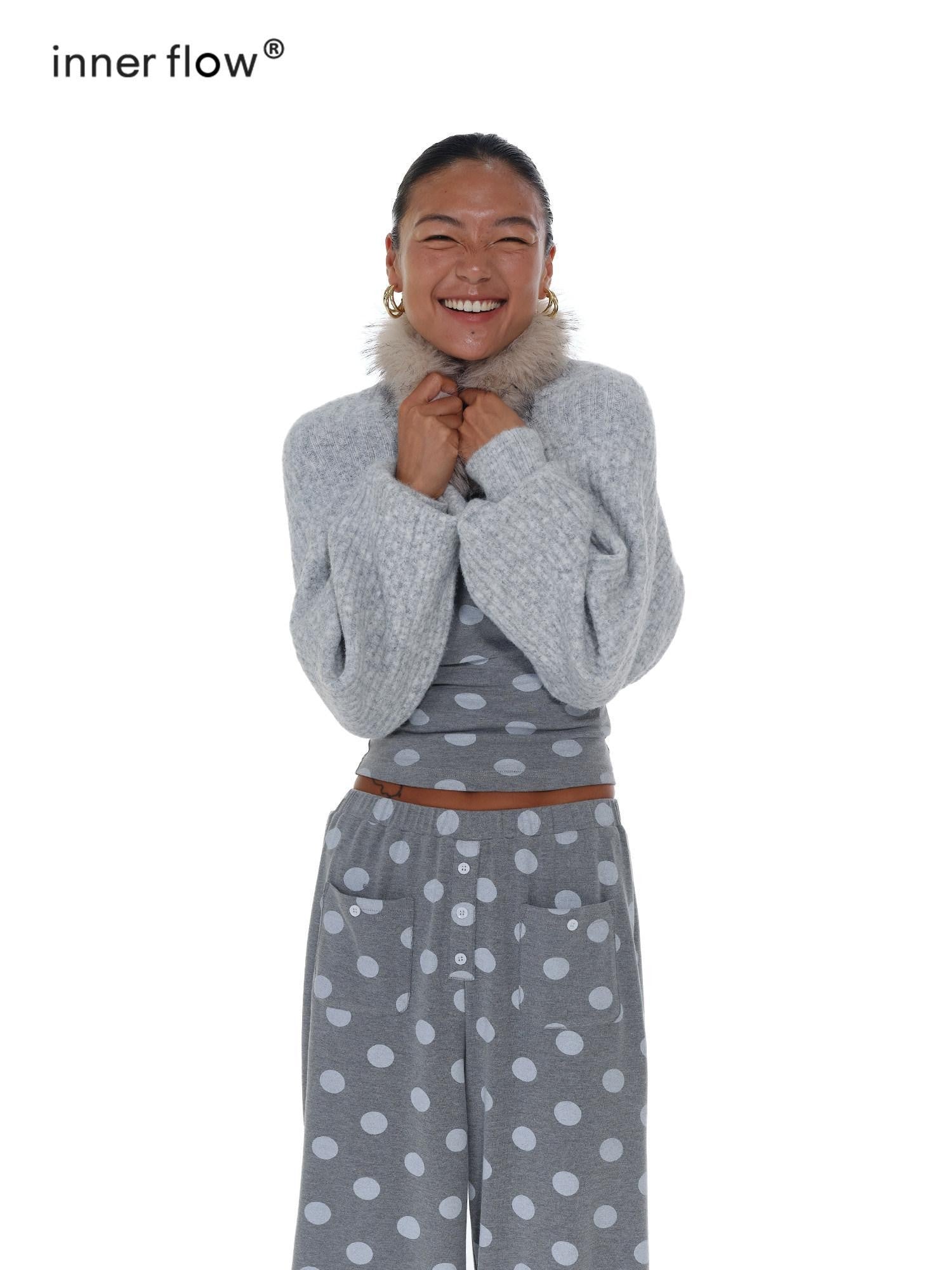 innerflow Cropped Gray Polka Dot Knit Women&