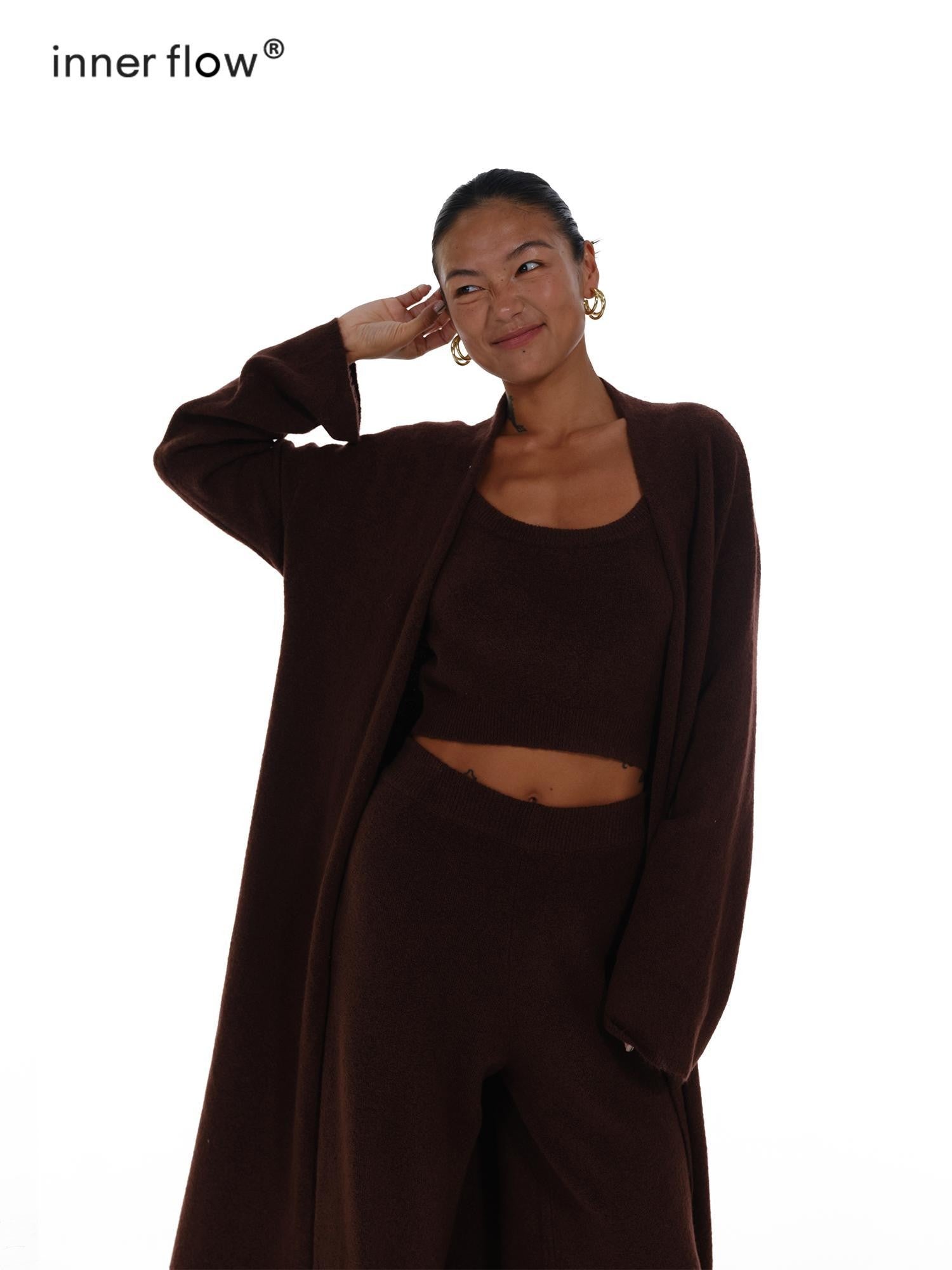 innerflow Deep Brown Wool Knit Cardigan Vest Relaxed Women&