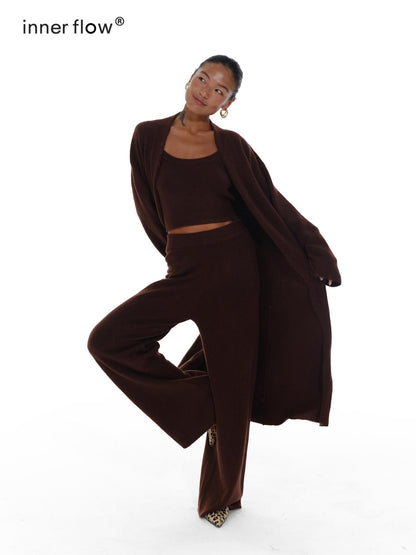 innerflow Deep Brown Wool Knit Cardigan Vest Relaxed Women&