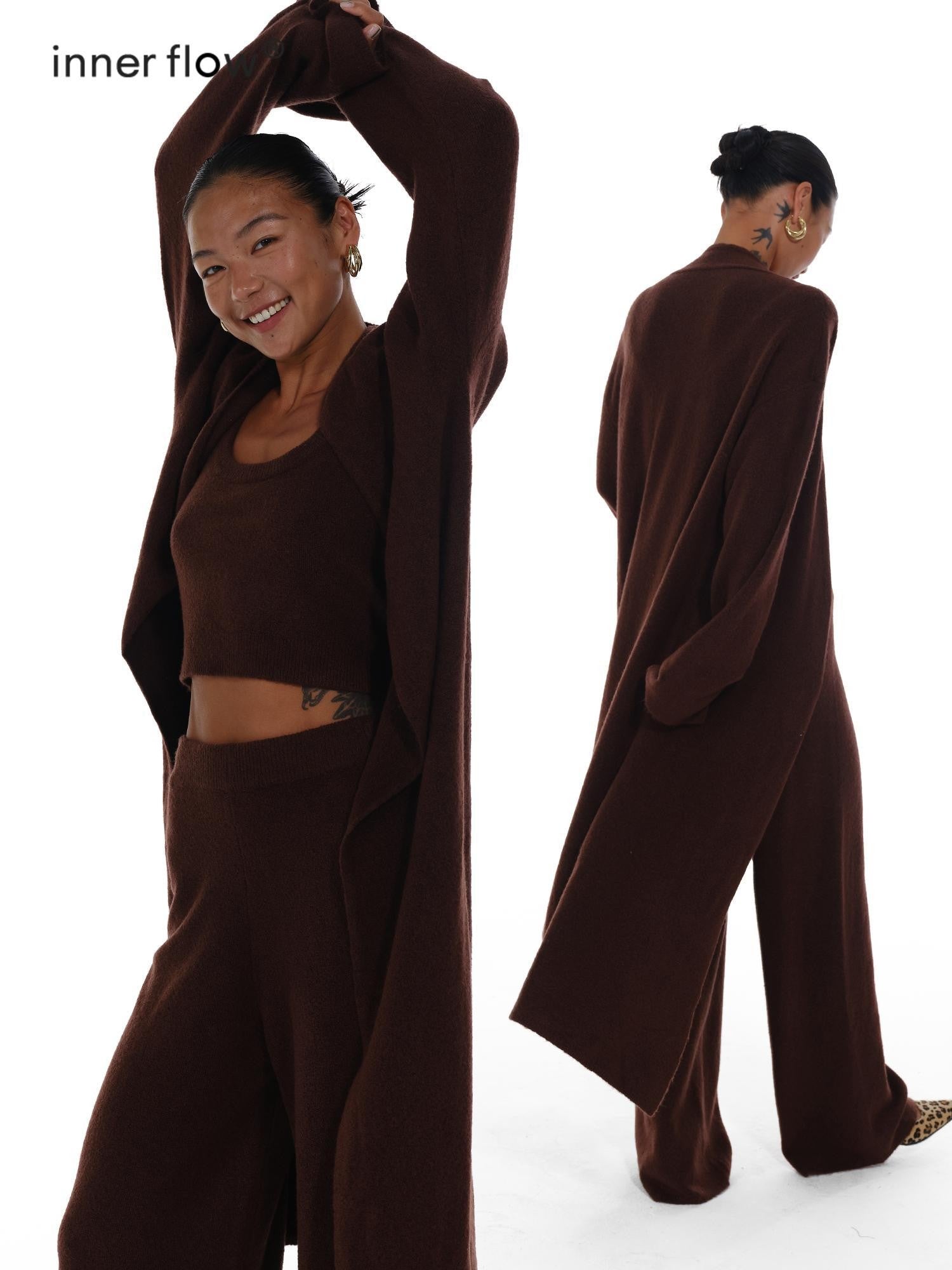 innerflow Deep Brown Wool Knit Cardigan Vest Relaxed Women&