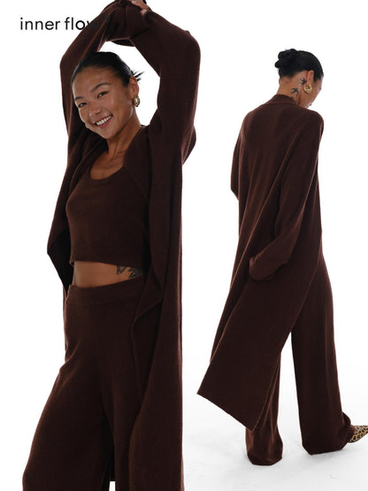 innerflow Deep Brown Wool Knit Cardigan Vest Relaxed Women&