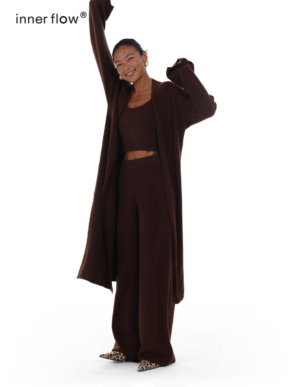 innerflow Deep Brown Wool Knit Cardigan Vest Relaxed Women&