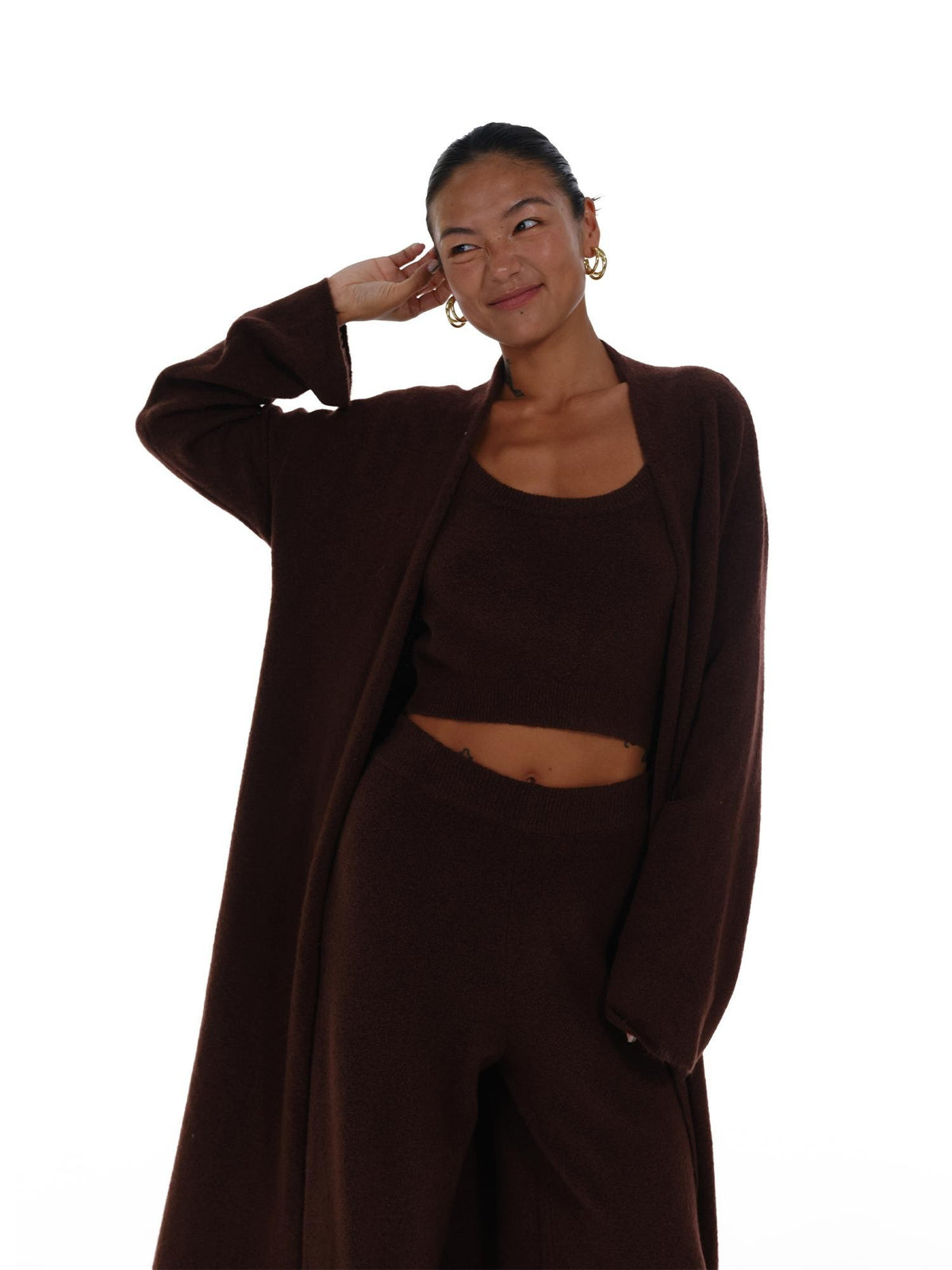 innerflow Deep Brown Wool Knit Cardigan Vest Relaxed Women&