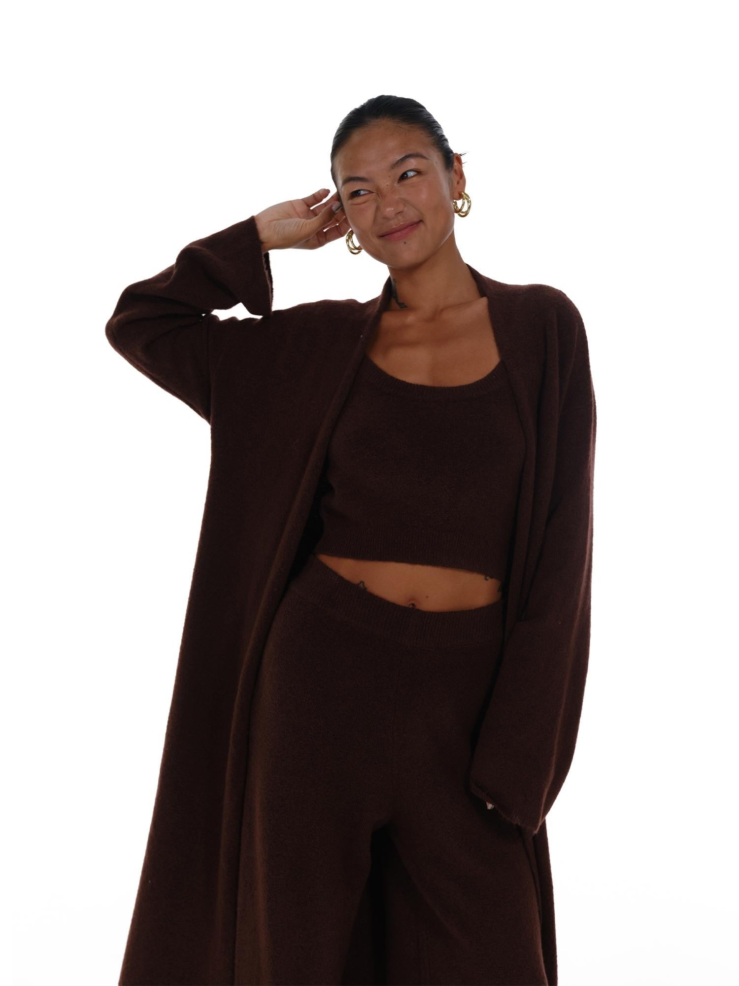innerflow Deep Brown Wool Knit Cardigan Vest Relaxed Women&