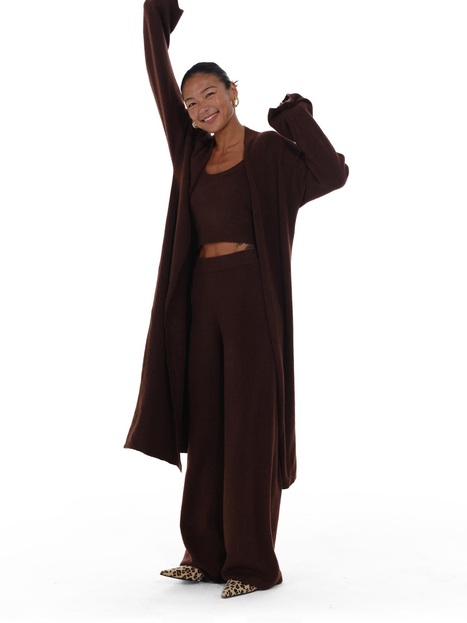 innerflow Deep Brown Wool Knit Cardigan Vest Relaxed Women&