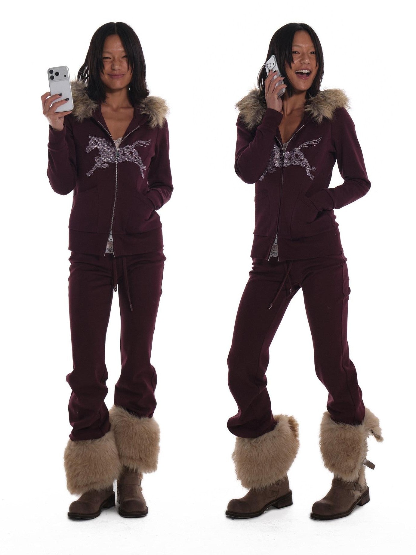 innerflow Deep Purple Rhinestone Hooded Slim Fit Women&