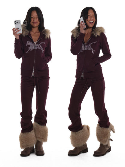 innerflow Deep Purple Rhinestone Hooded Slim Fit Women&