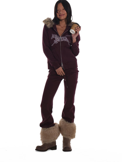 innerflow Deep Purple Rhinestone Hooded Slim Fit Women&