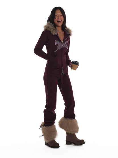 innerflow Deep Purple Rhinestone Hooded Slim Fit Women&