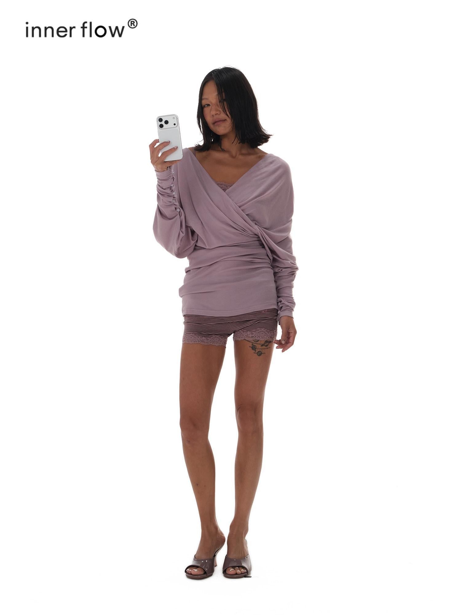 innerflow Drapey Purple Striped Lace V-neck Women&
