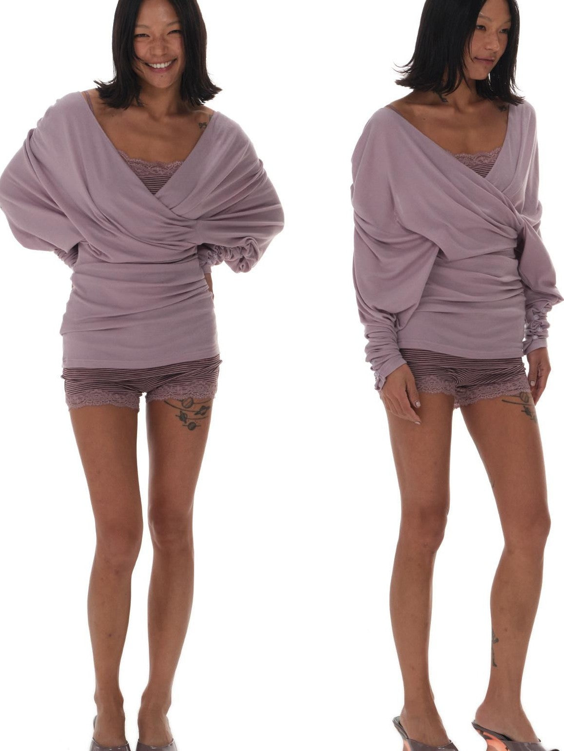 innerflow Drapey Purple Striped Lace V-neck Women&