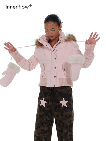 innerflow Fur Collar Hooded Short Women&