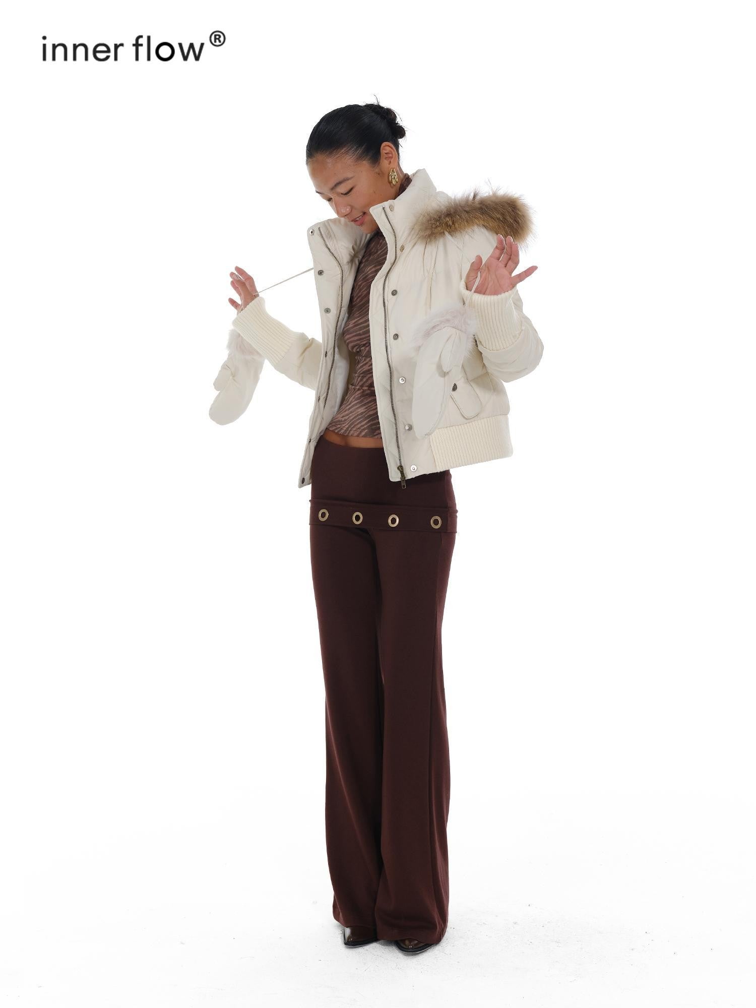innerflow Fur Collar Hooded Short Women&
