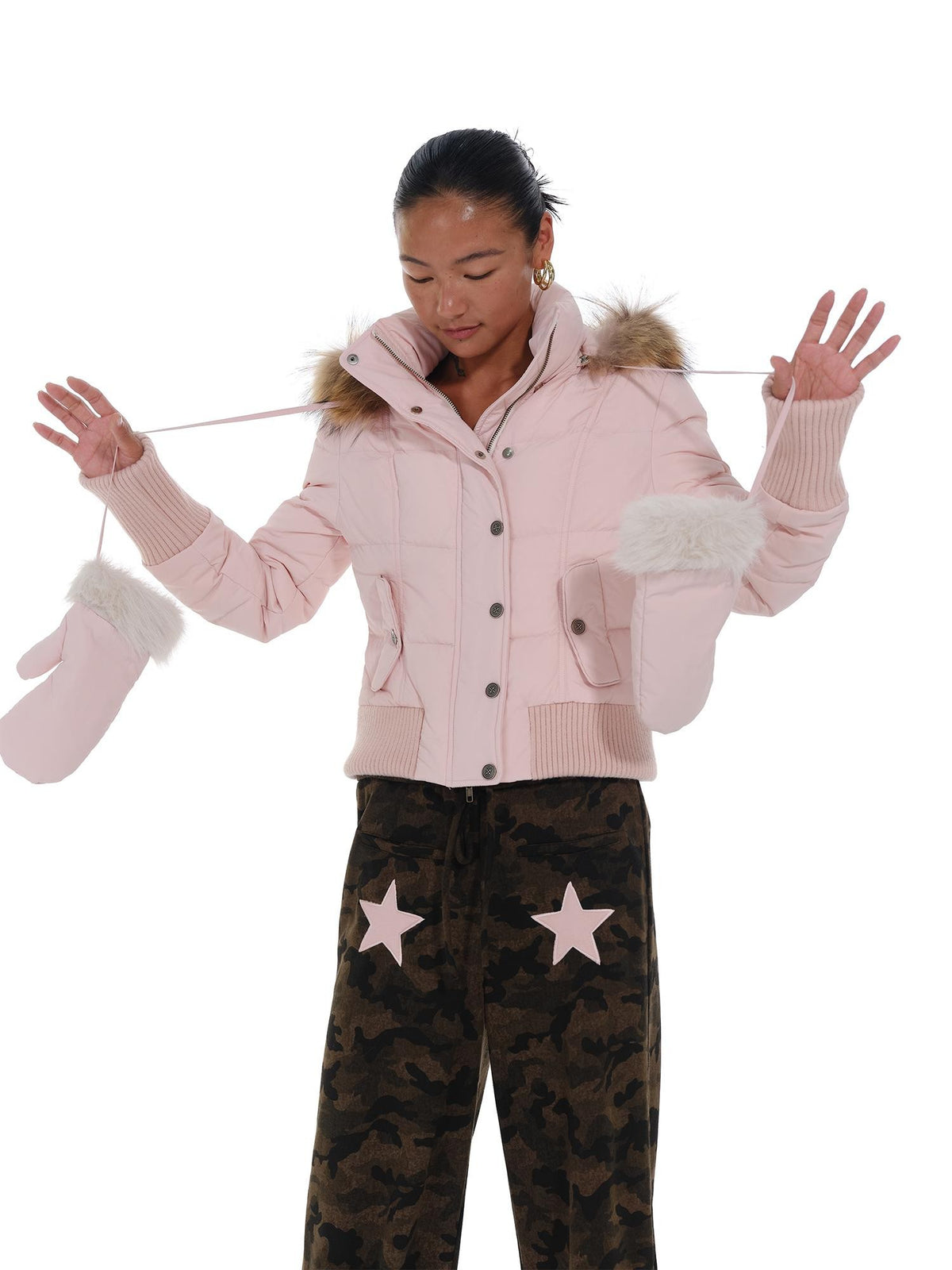 innerflow Fur Collar Hooded Short Women&