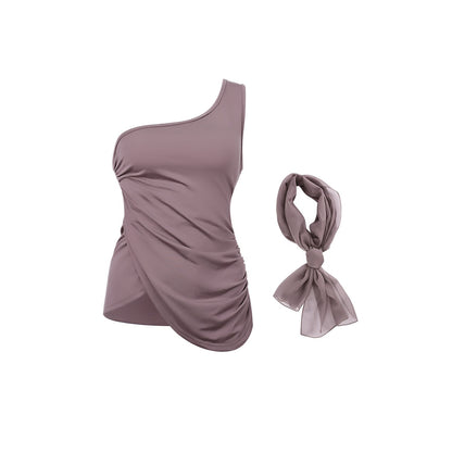 innerflow_Gray_Asymmetric_One_Shoulder_Ribbon_Tie_Women&