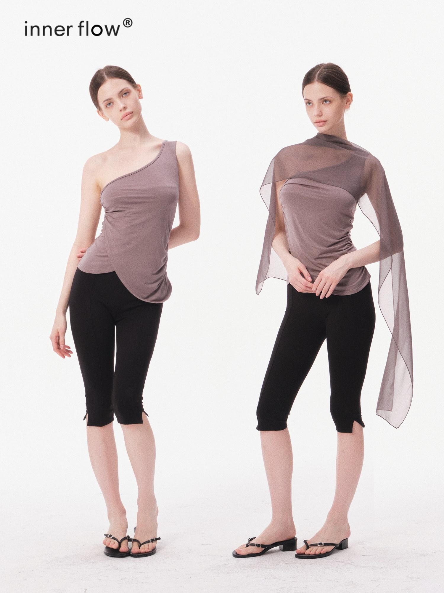 innerflow Gray Asymmetric One Shoulder Ribbon Tie Women&