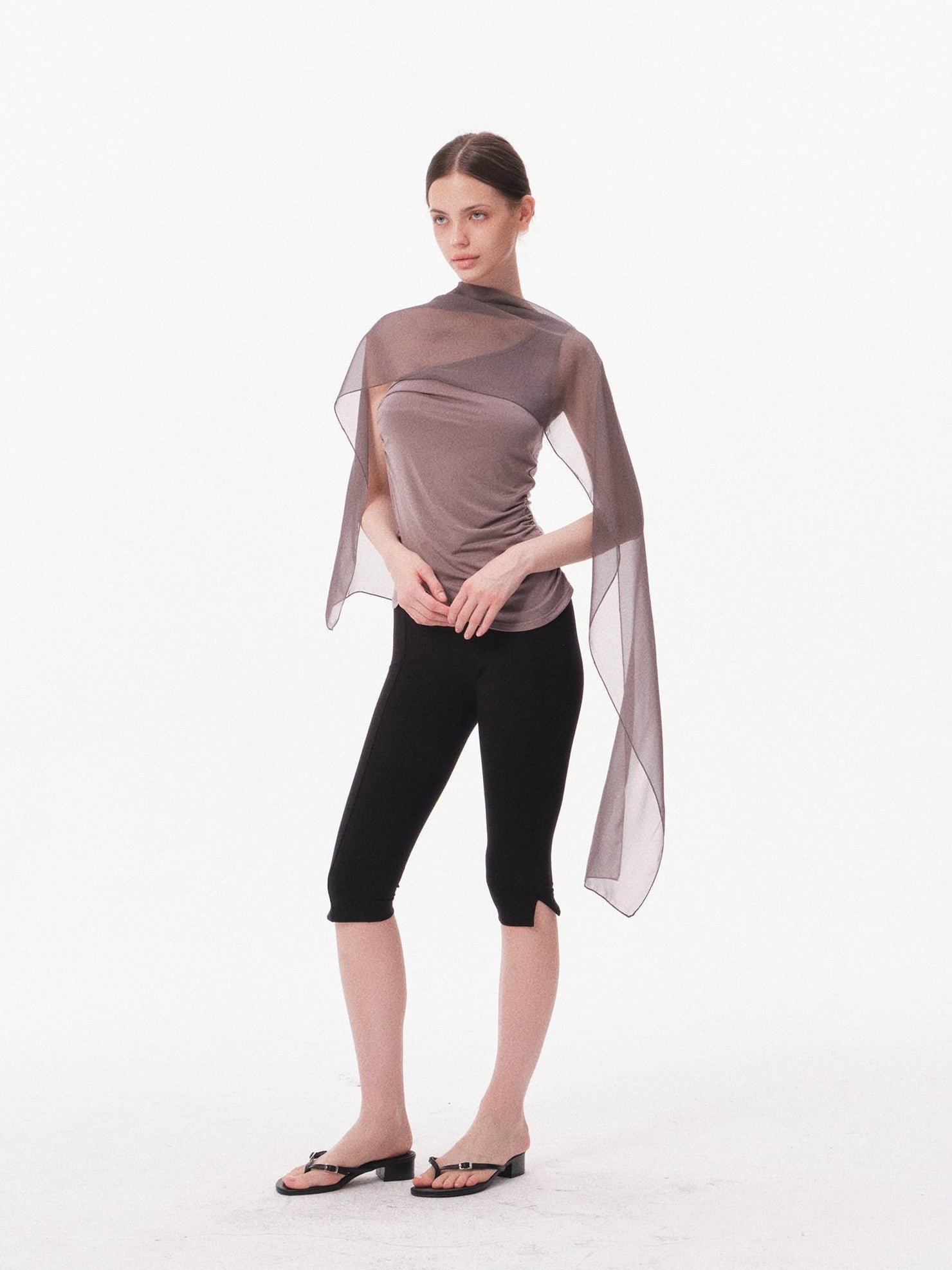 innerflow Gray Asymmetric One Shoulder Ribbon Tie Women&