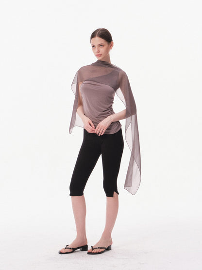 innerflow Gray Asymmetric One Shoulder Ribbon Tie Women&