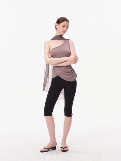 innerflow Gray Asymmetric One Shoulder Ribbon Tie Women&