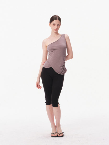 innerflow Gray Asymmetric One Shoulder Ribbon Tie Women&