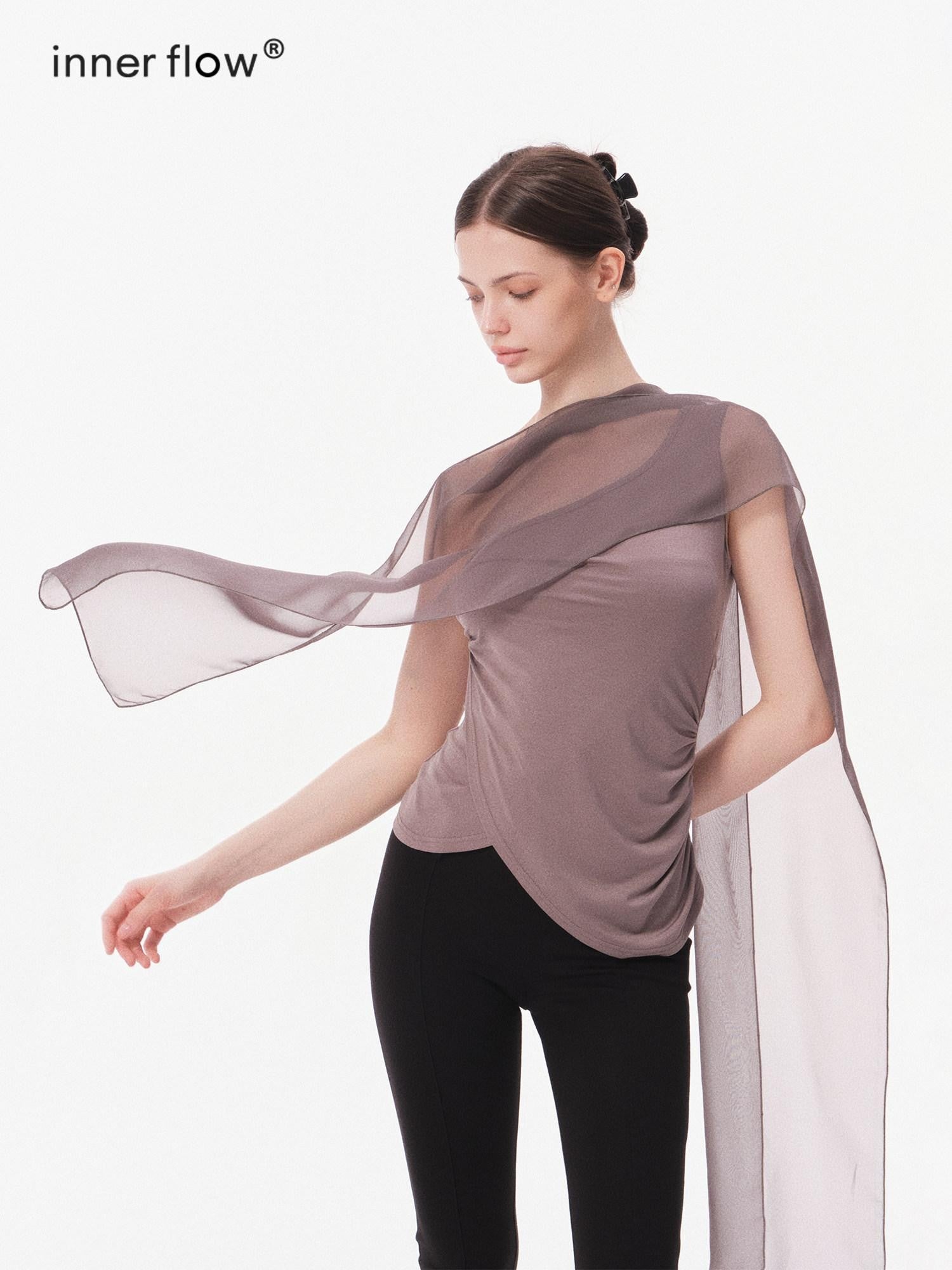 innerflow Gray Asymmetric One Shoulder Ribbon Tie Women&