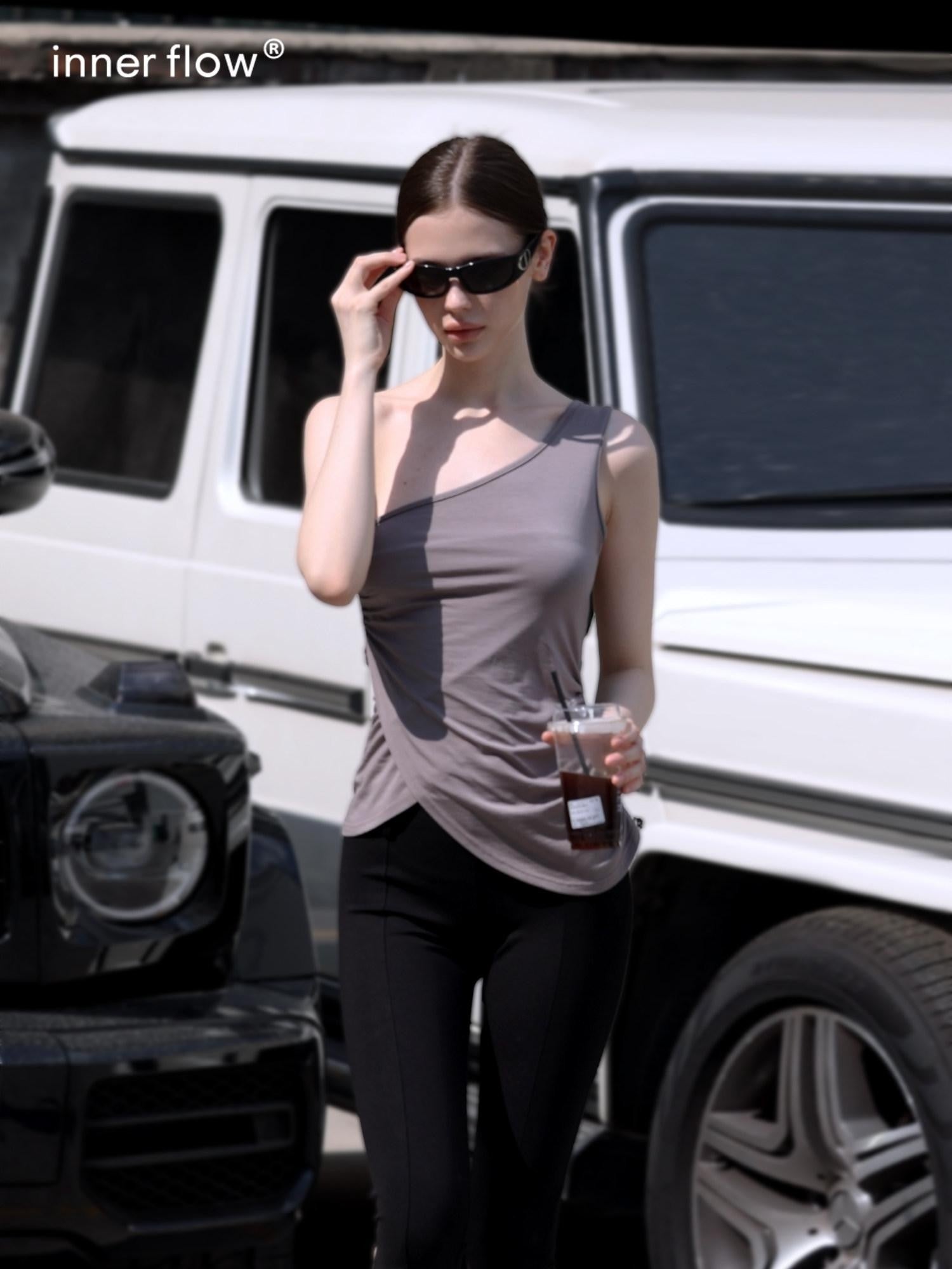 innerflow Gray Asymmetric One Shoulder Ribbon Tie Women&