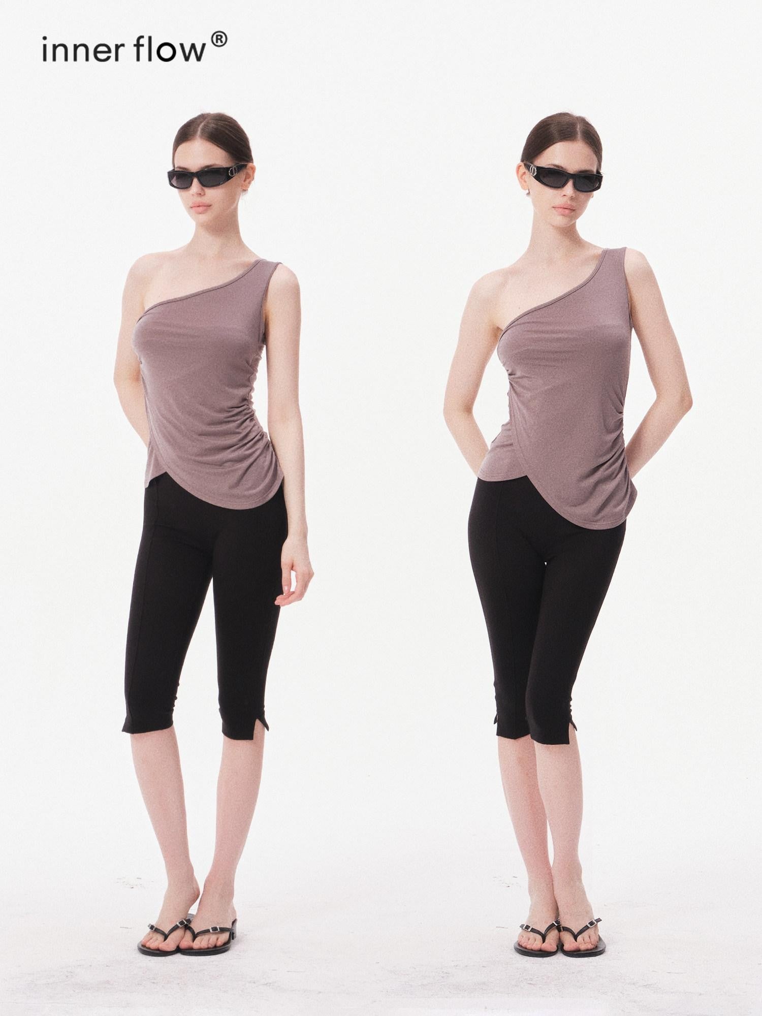 innerflow Gray Asymmetric One Shoulder Ribbon Tie Women&