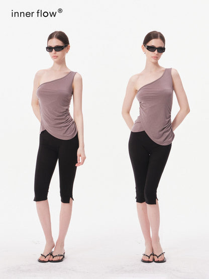 innerflow Gray Asymmetric One Shoulder Ribbon Tie Women&