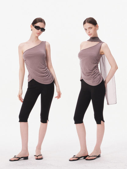 innerflow Gray Asymmetric One Shoulder Ribbon Tie Women&