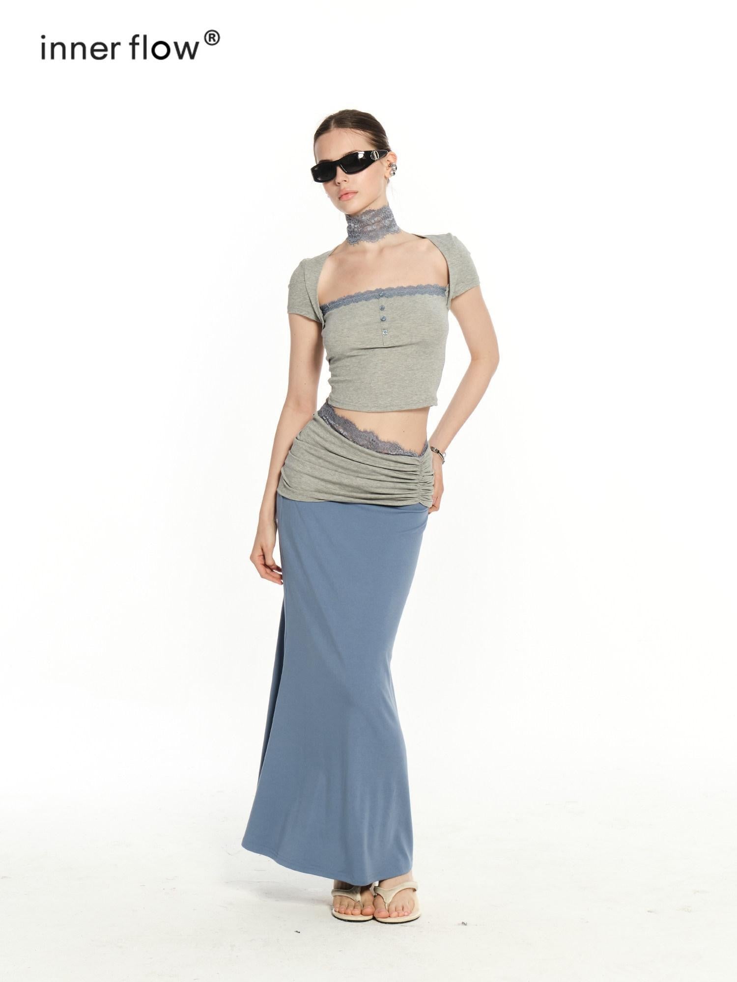 innerflow Gray Blue Contrast Lace Cropped T Shirt Women&