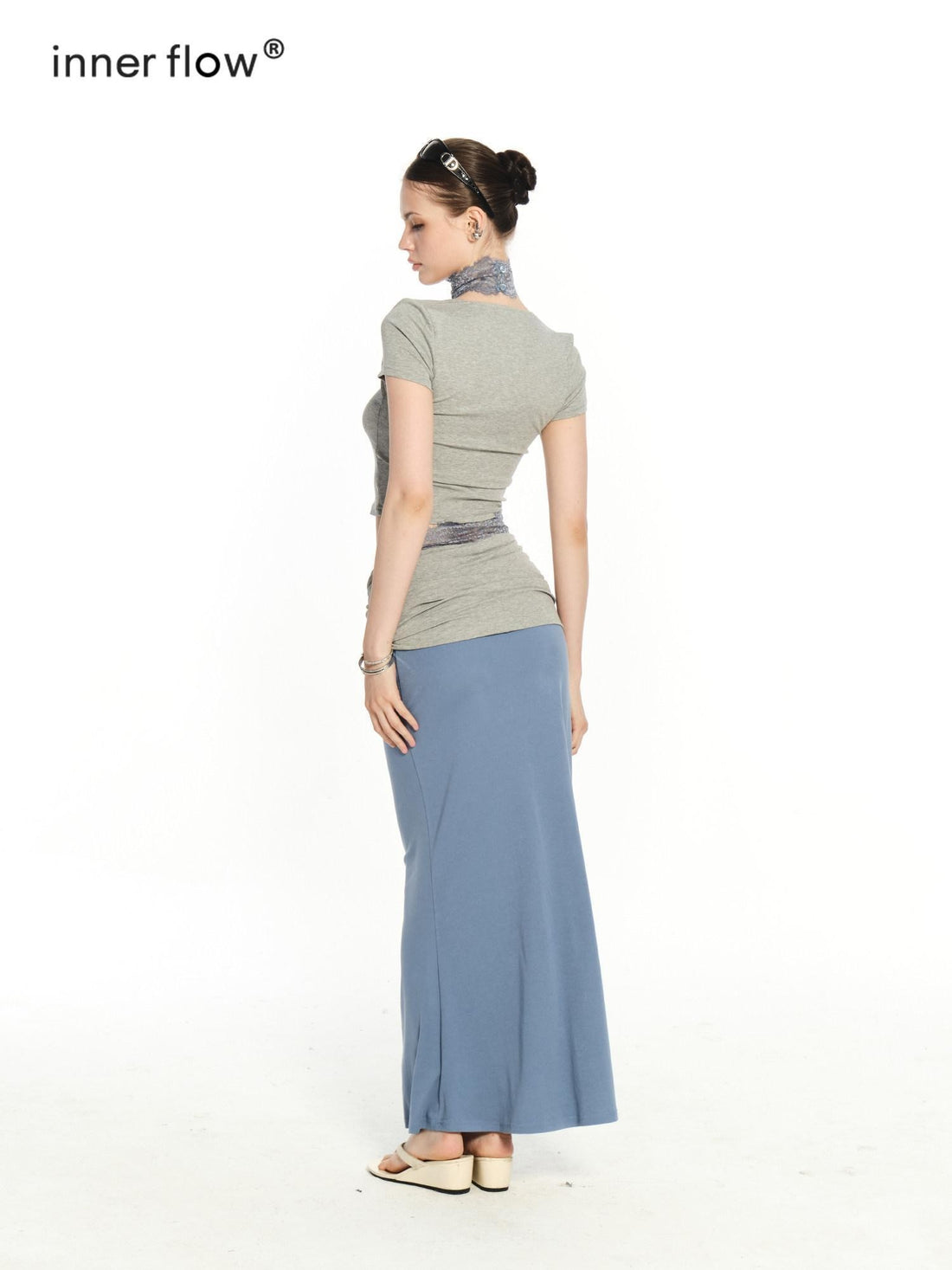 innerflow Gray Blue Contrast Lace Cropped T Shirt Women&
