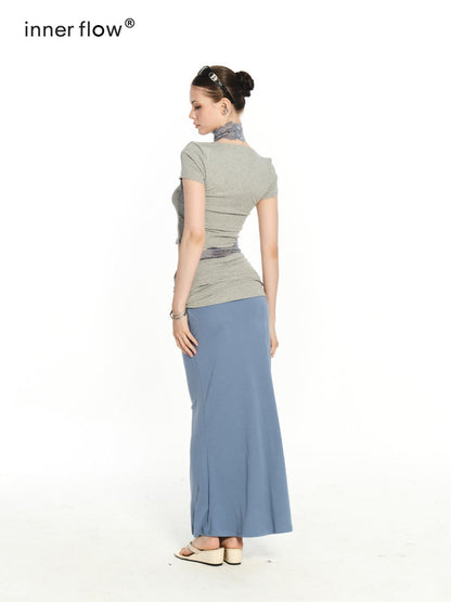 innerflow Gray Blue Contrast Lace Cropped T Shirt Women&