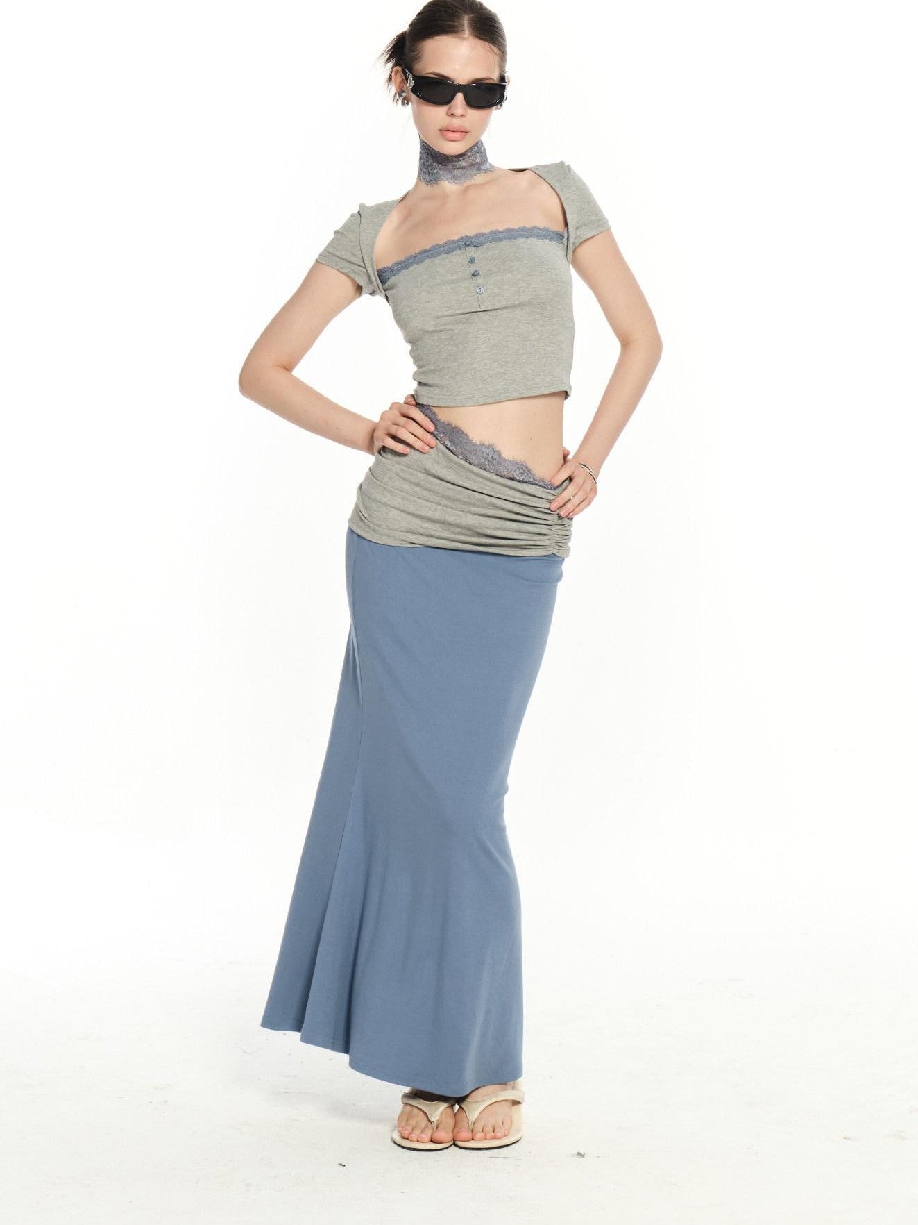 innerflow Gray Blue Contrast Lace Cropped T Shirt Women&