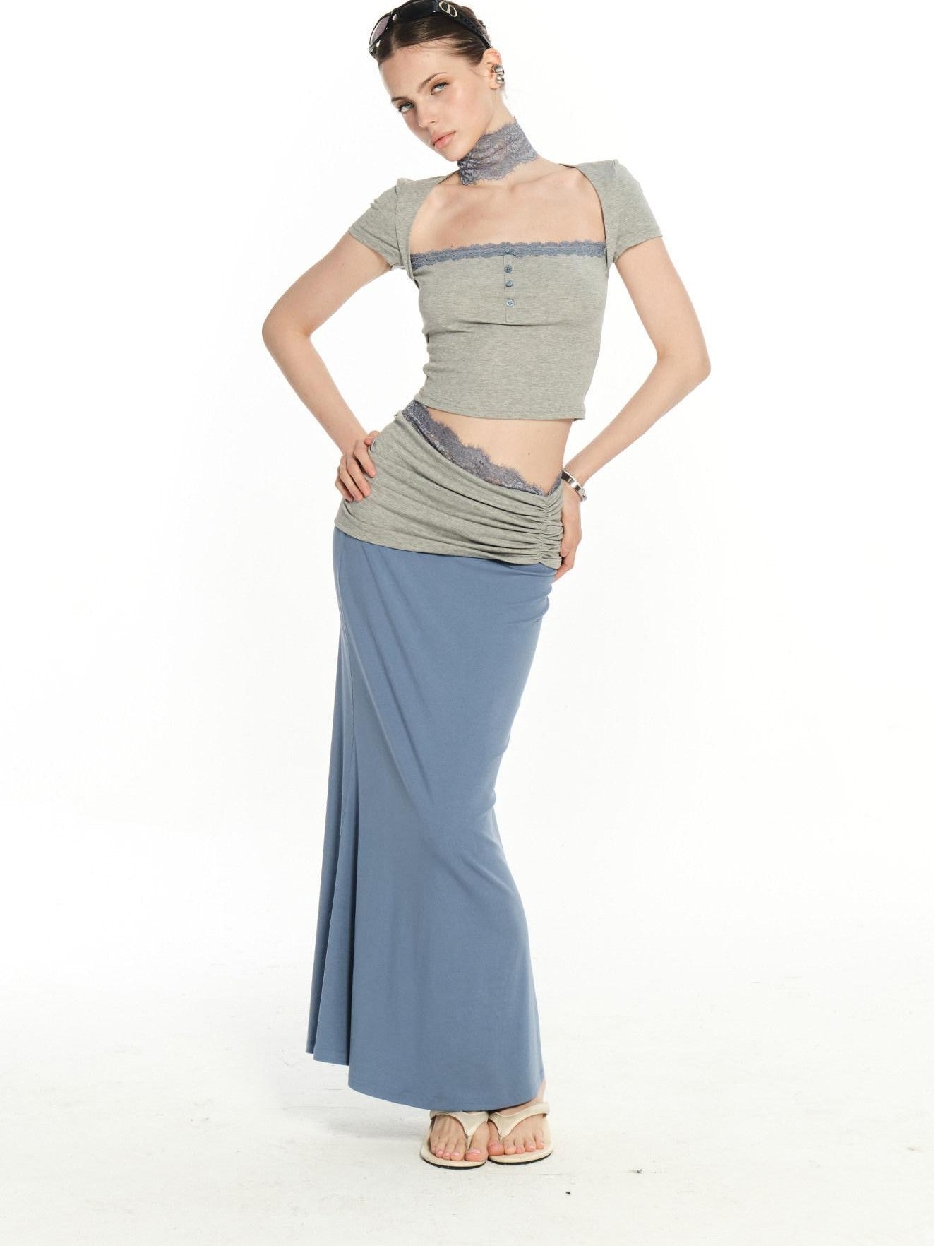 innerflow Gray Blue Contrast Lace Cropped T Shirt Women&
