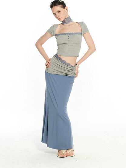 innerflow Gray Blue Contrast Lace Cropped T Shirt Women&