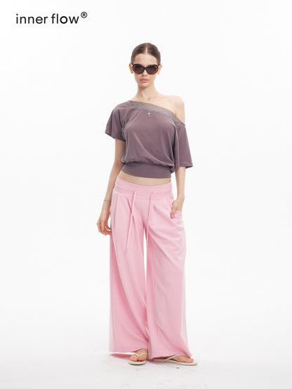 innerflow Gray Lace Splice Asymmetric Cropped Women&