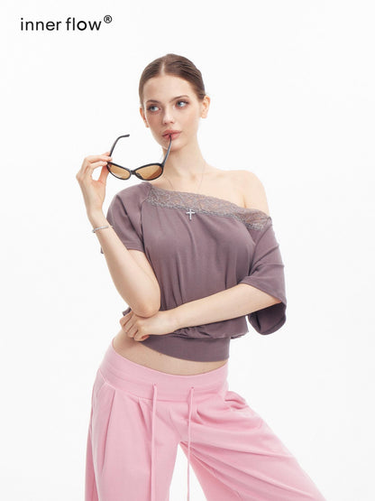 innerflow Gray Lace Splice Asymmetric Cropped Women&