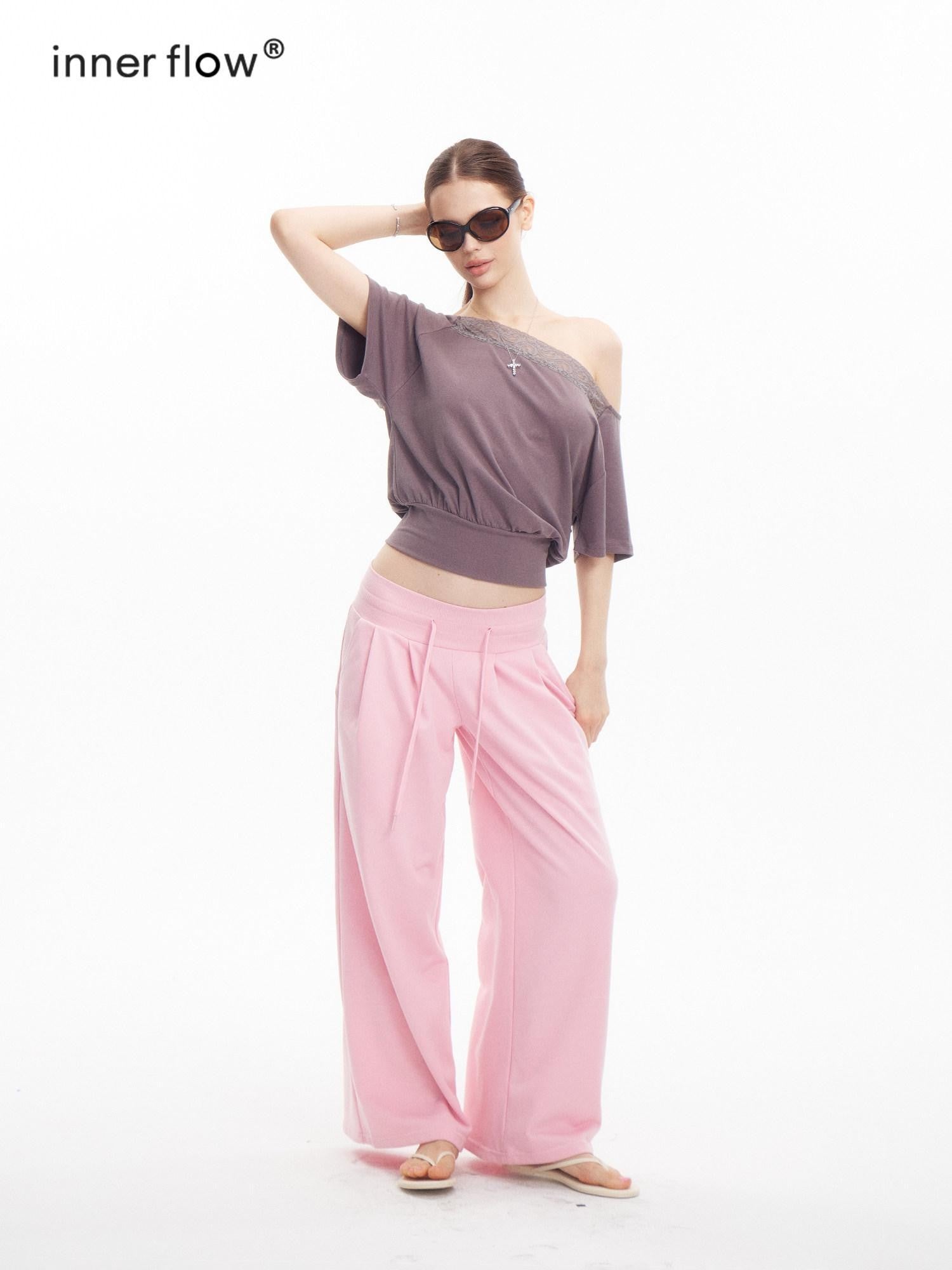 innerflow Gray Lace Splice Asymmetric Cropped Women&