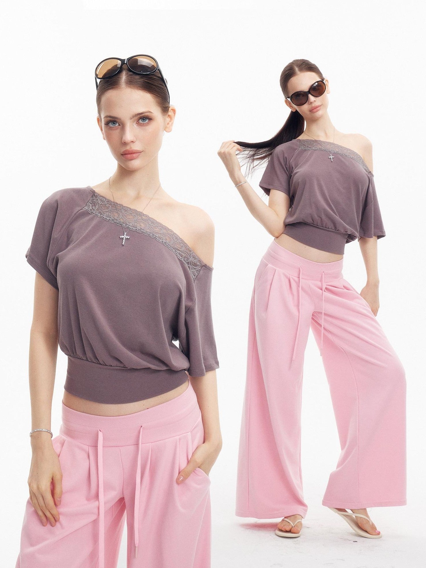 innerflow Gray Lace Splice Asymmetric Cropped Women&