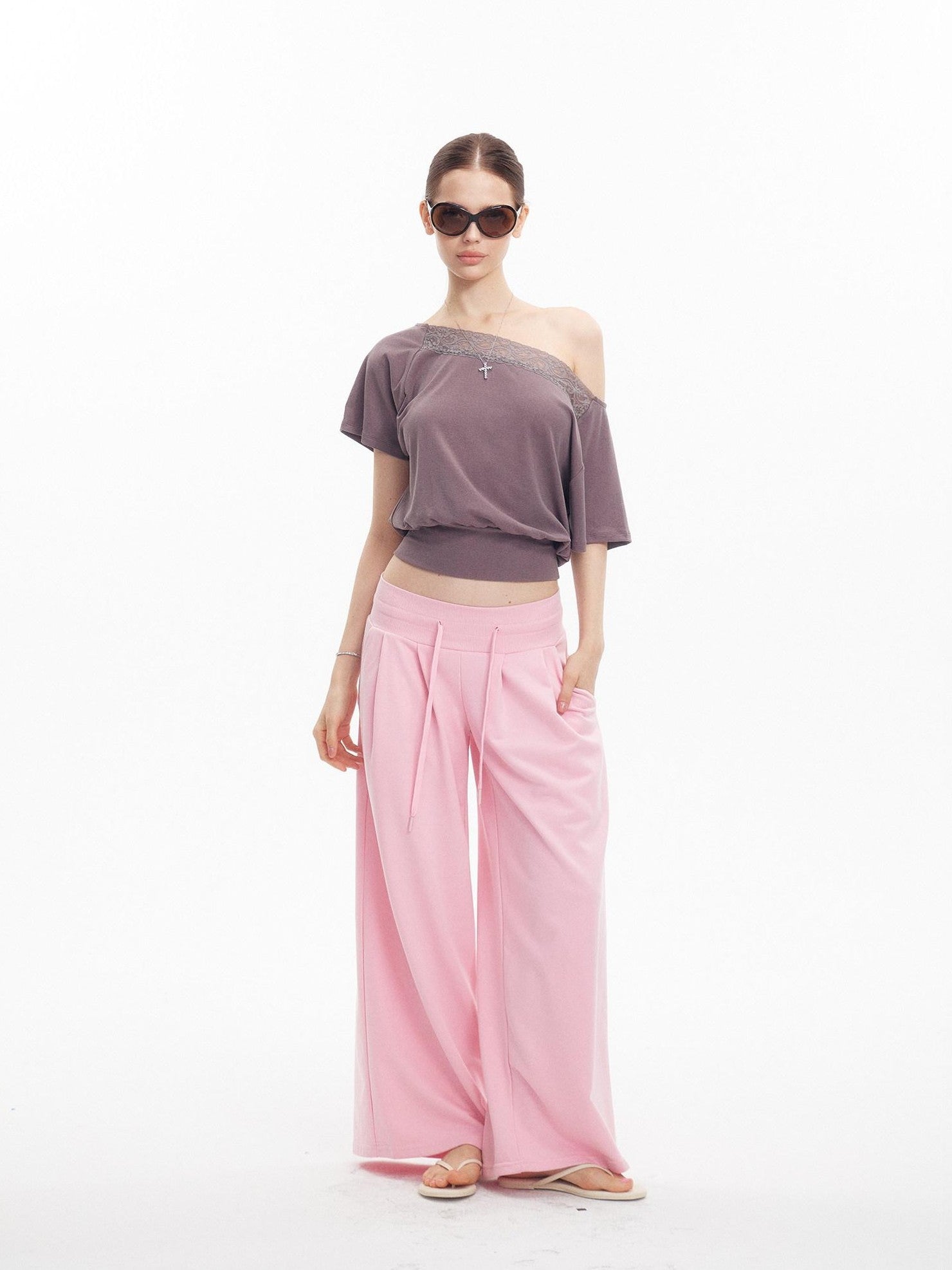 innerflow Gray Lace Splice Asymmetric Cropped Women&