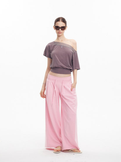 innerflow Gray Lace Splice Asymmetric Cropped Women&