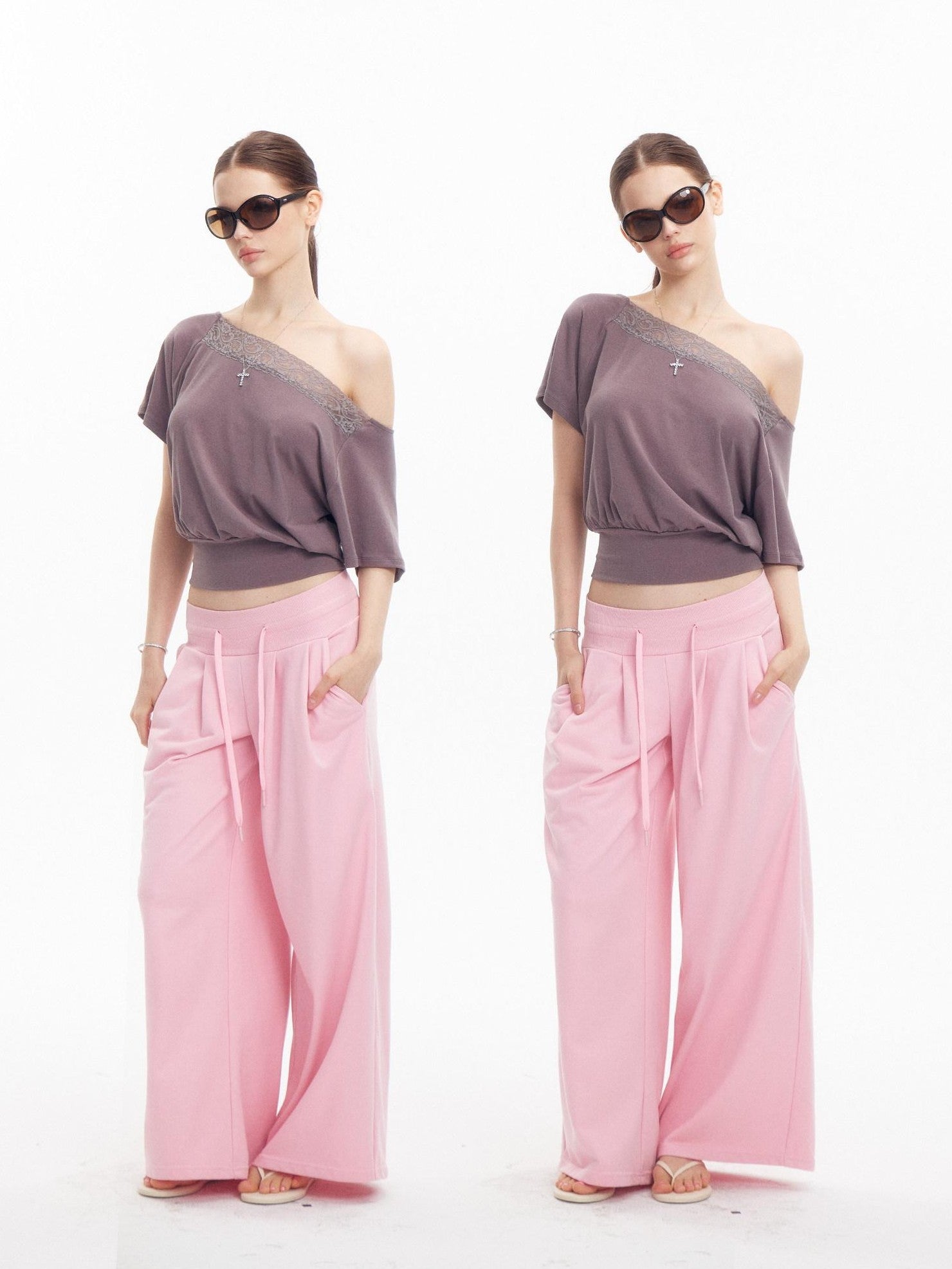 innerflow Gray Lace Splice Asymmetric Cropped Women&