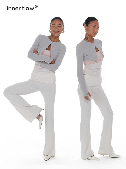 innerflow Gray Pink Striped Spliced Cropped Slim Two Piece Set Women&